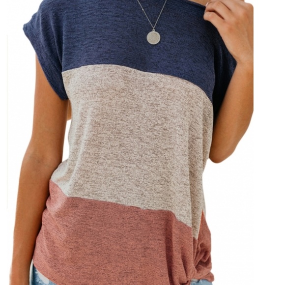 Colorblock Tee Knot Front Knit Top Shirt - Picture 4 of 6